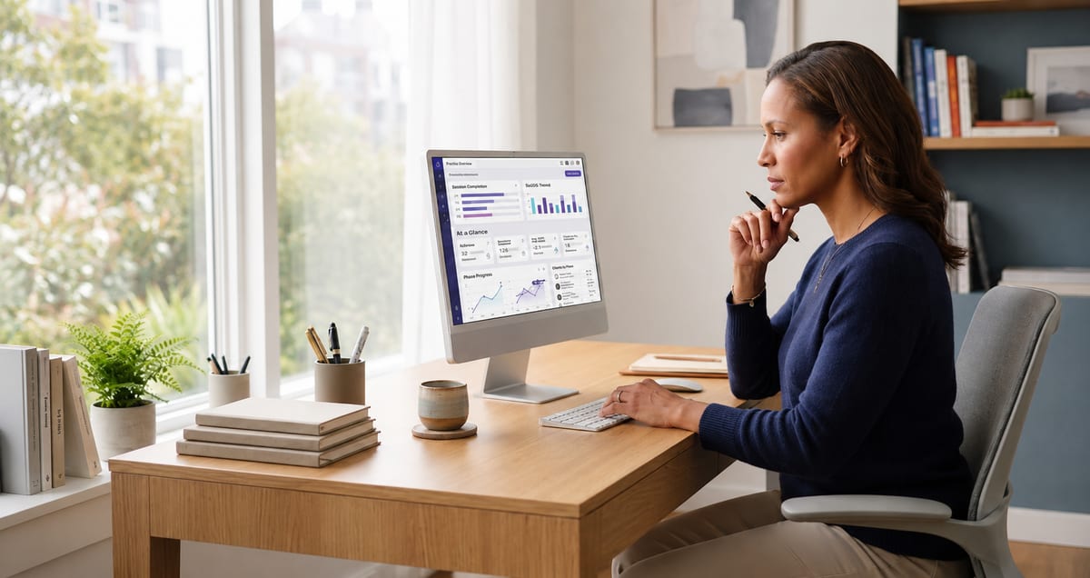 A provider thoughtfully reviewing the Chi'Va client experience in a professional workspace.